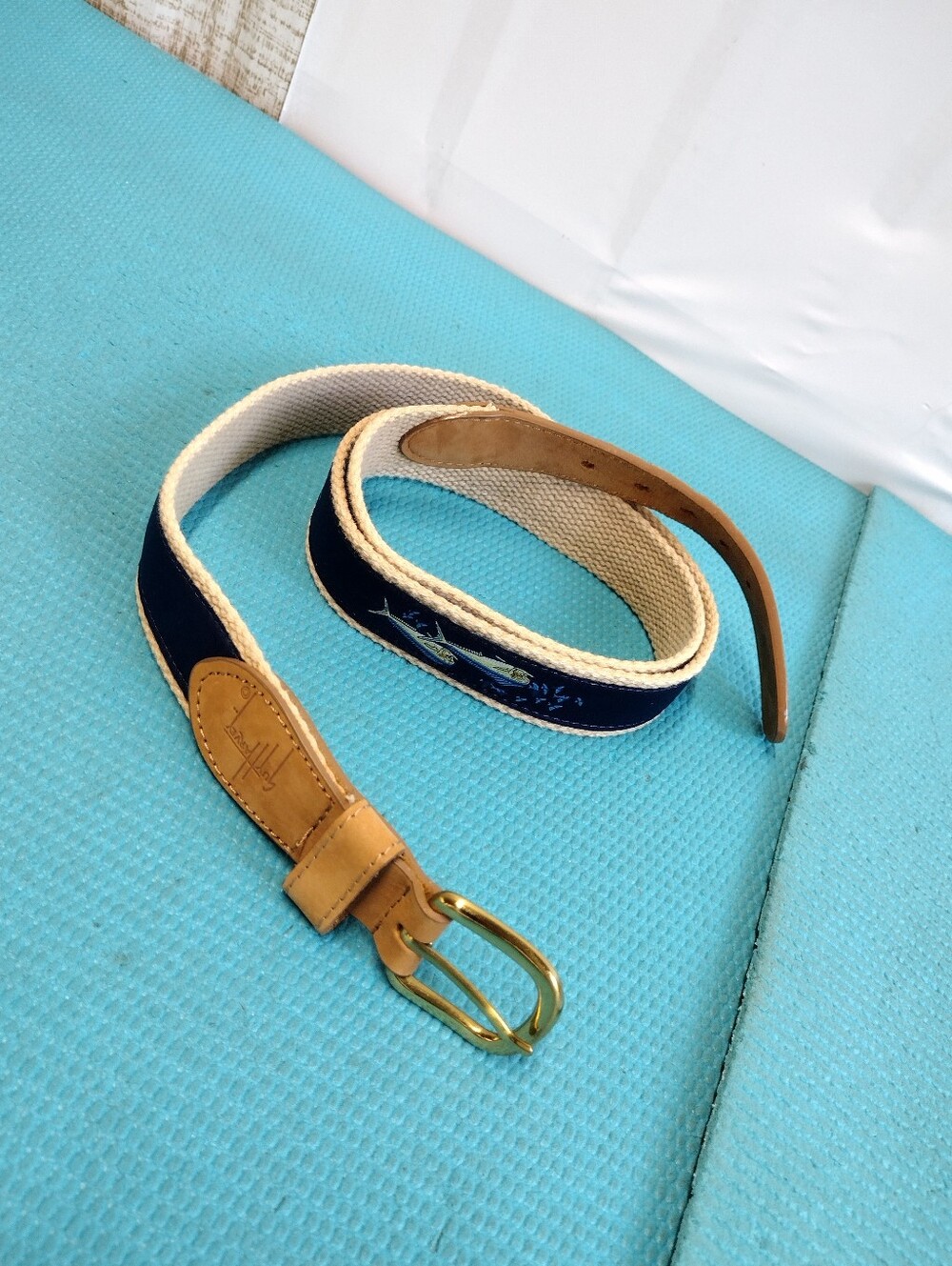 Guy Harvey Navy and Tan Woven Leather Belt Embroidered Fish - 46
